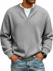 Simple Waffle-Weave V-neck SweatShirt For Men Fall Spring Two-Piece Casual Long-Sleeve T-Shirt For Daily Wear Work Outfit Streetwear