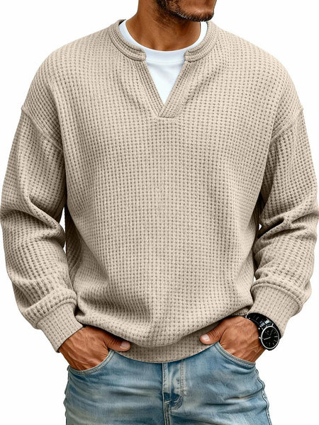 Simple Waffle-Weave V-neck SweatShirt For Men Fall Spring Two-Piece Casual Long-Sleeve T-Shirt For Daily Wear Work Outfit Streetwear
