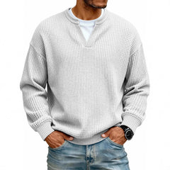 Simple Waffle-Weave V-neck SweatShirt For Men Fall Spring Two-Piece Casual Long-Sleeve T-Shirt For Daily Wear Work Outfit Streetwear