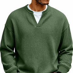 Simple Waffle-Weave V-neck SweatShirt For Men Fall Spring Two-Piece Casual Long-Sleeve T-Shirt For Daily Wear Work Outfit Streetwear