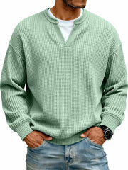 Simple Waffle-Weave V-neck SweatShirt For Men Fall Spring Two-Piece Casual Long-Sleeve T-Shirt For Daily Wear Work Outfit Streetwear