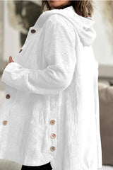 Women's Corduroy Hooded Jacket Fashion Warm Pockets Button Mid-length Top Casual Fall Winter Outwear Clothing